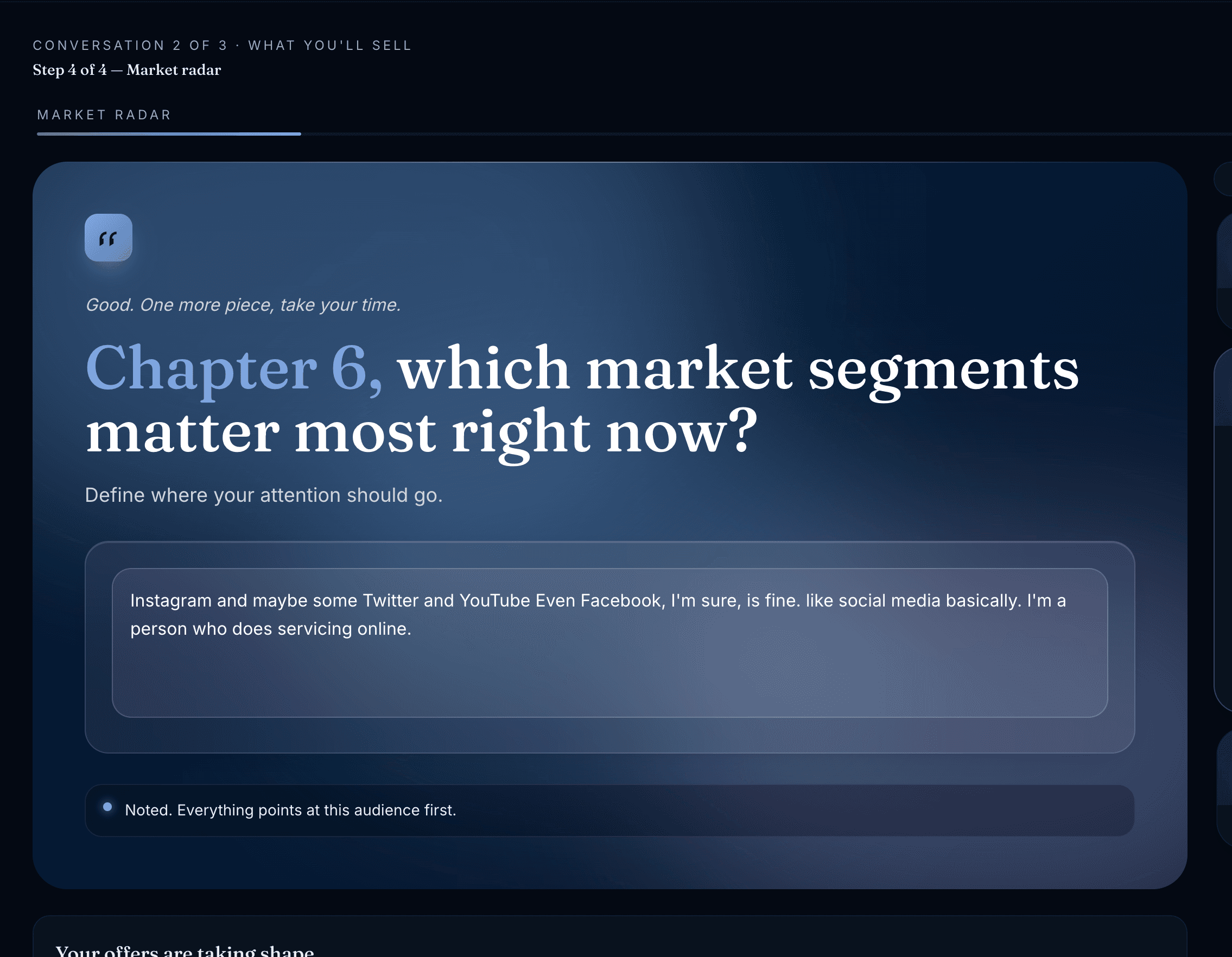 Phase 6 of MaWorks onboarding asking which market segments matter most right now.