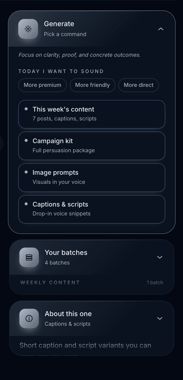 The MaWorks content engine Generate command panel — pick a command, set the tone.