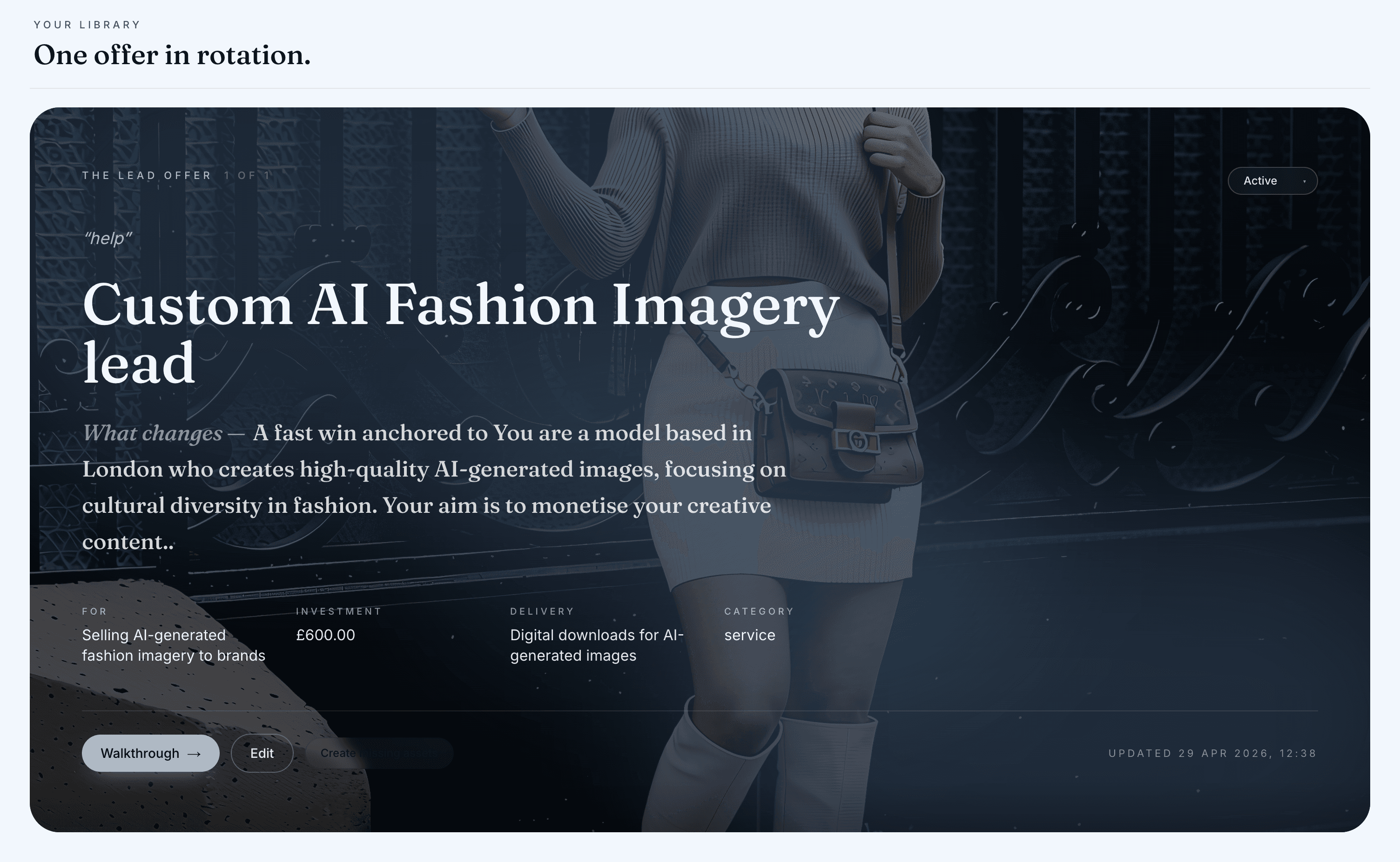 A live MaWorks offer card titled 'Custom AI Fashion Imagery lead' with investment, delivery, audience and walkthrough actions.